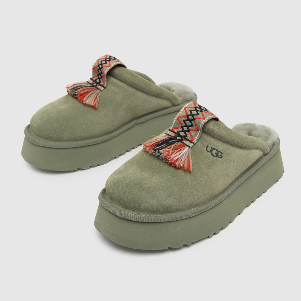 UGG Green Suede Slippers with Patterned Strap